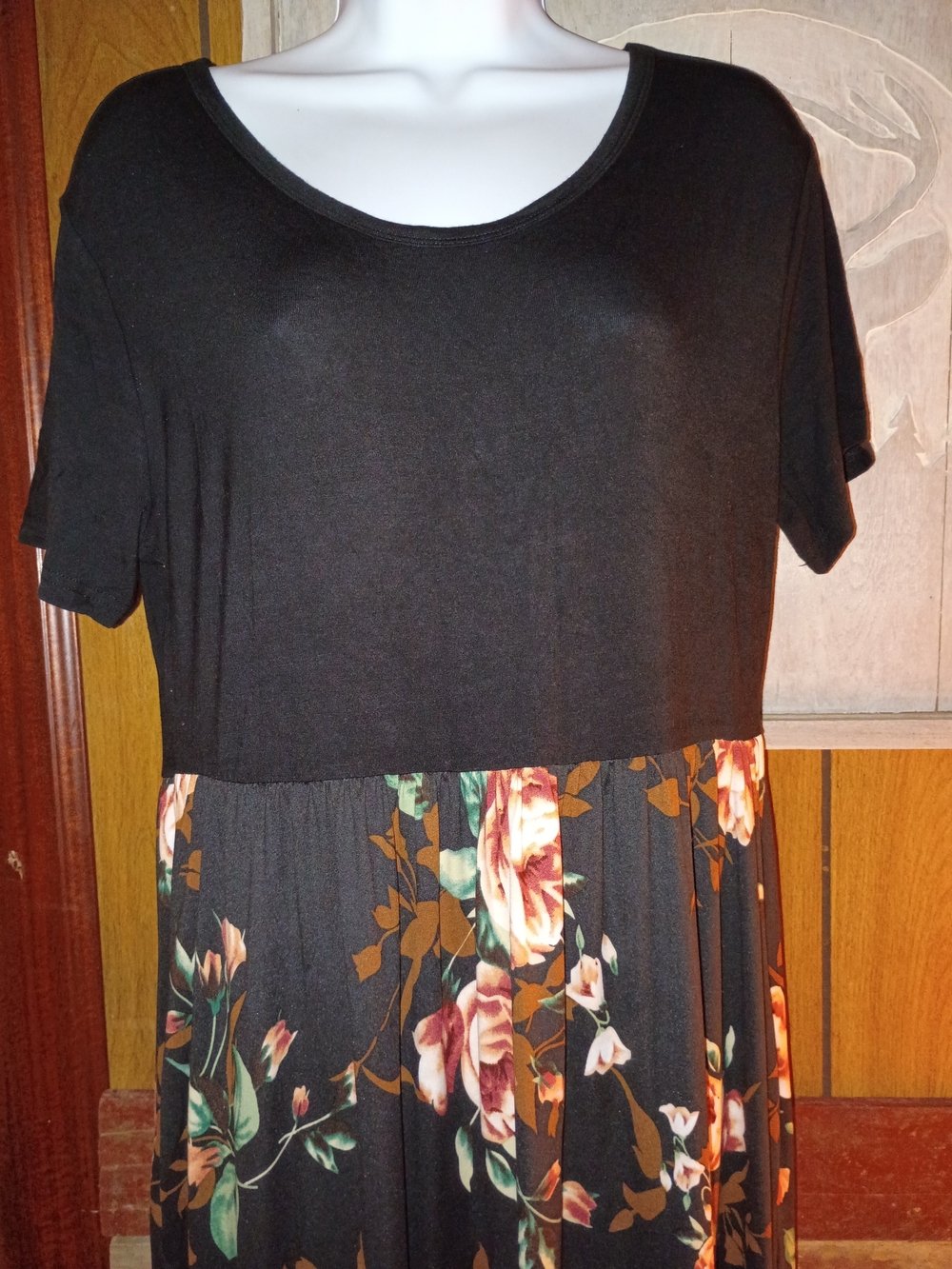 Black Floral Maxi Dress with Scoop Neckline and Printed Skirt